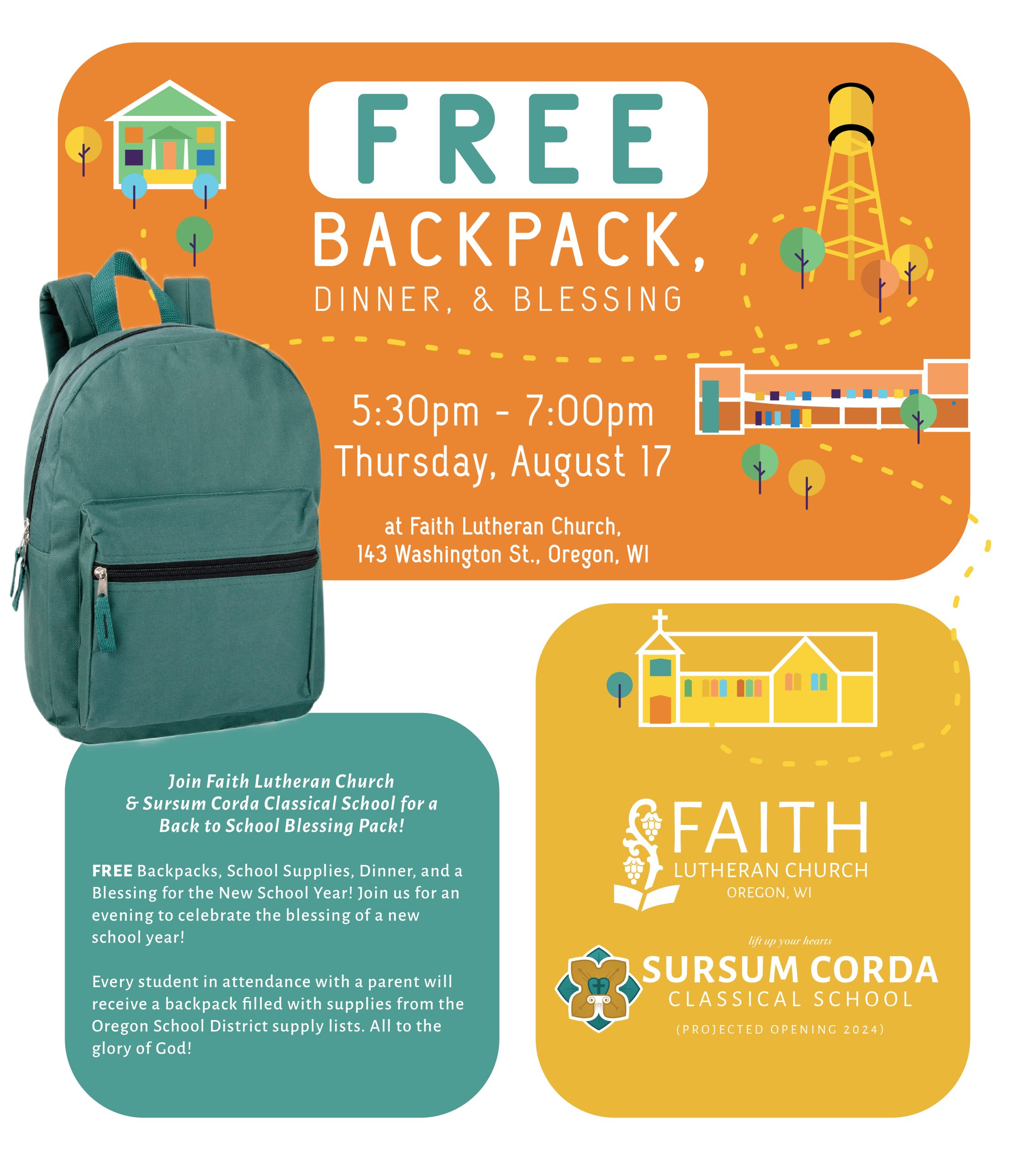 Free Backpack Giveaway, Dinner, and Blessing